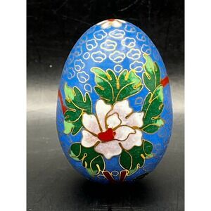Vtg Cloisonne Enamel Egg Blue Floral Decorative Collectible Ornament 2.25"